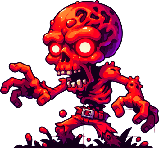 make a red animation style zombie but not realistic.
Single Game Texture. In-Game asset. 2d. Blank background. High contrast. No shadows.