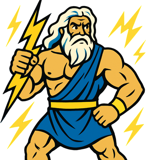 güçlü bir yıldırım tanrısı olan zeus çiz.
In-Game asset.  2d.  High contrast.  No shadows