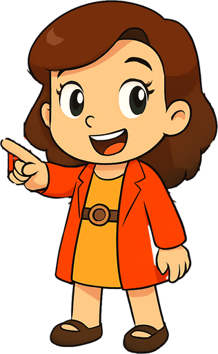 Make her point forward with her right hand and she has a happy look on her face