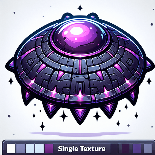 shiny purple and black attack ufo..
Single Game Texture.  In-Game asset.  2d.  Blank background.  High contrast.  No shadows
