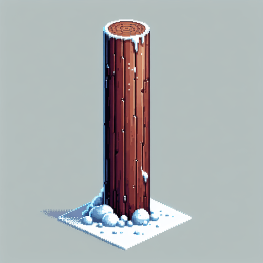 pixel art of a wooden pole with snow at it's base.
Single Game Texture. In-Game asset. 2d. Blank background. High contrast. No shadows.