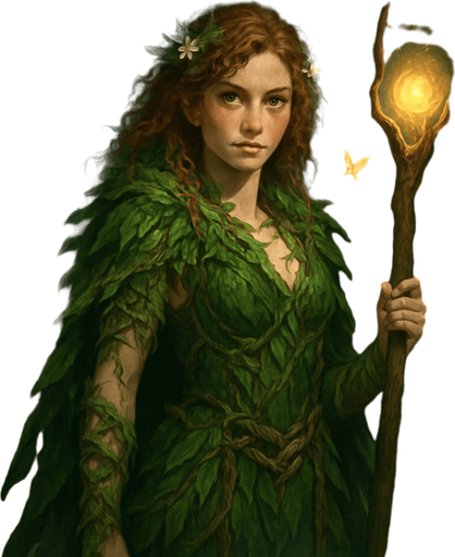 A forest druidess cloaked in green vines, leaves, and bark-woven garments, standing among ancient stone circles. Female, 28 years old, slender and fierce, auburn curly hair with forest flowers woven in, moss-green eyes, and freckled sun-kissed skin. A glowing staff carved from elderwood is in her hand, and glowing butterflies swirl around her. Realistic, highly detailed, enchanted forest atmosphere. realistic.
In-Game asset.  2d.  High contrast.  No shadows