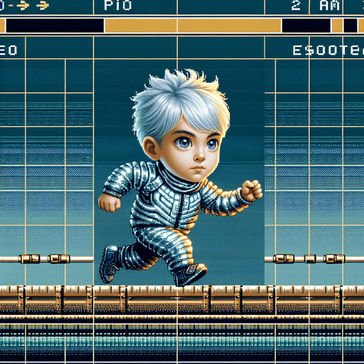 Horizontal Endless Runner Cyberpunk Kid dressed in silver with white hair and shades, running sprite sheet of 2 frames, retro super nintendo graphics..
Single Game Texture. In-Game asset. 2d. Blank background. High contrast. No shadows.