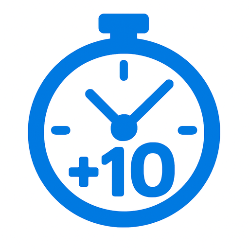+10 inside of a clock icon.
In-Game asset.  2d.  High contrast.  No shadows