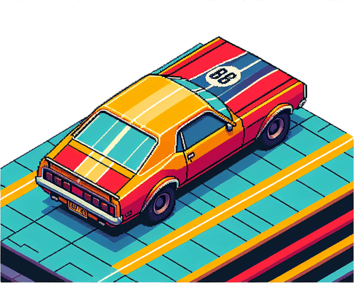 colorful car. orthographic top view.
Single Game Texture.  In-Game asset.  2d.  Blank background.  High contrast.  No shadows
