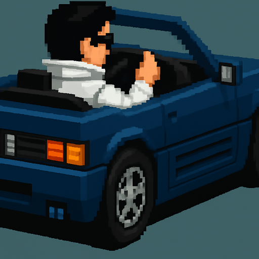 The hair color of the driver is black and he wears a futuristic white jacket