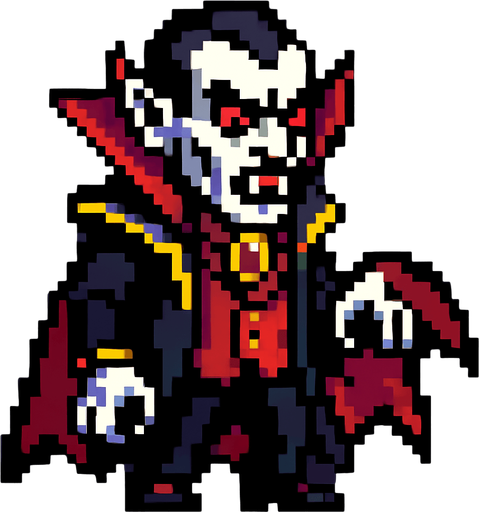 Vampire baron evil pixel.
In-Game asset.  2d.  High contrast.  No shadows