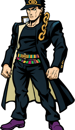 Jotaro con  cuerpo y que se vea su cabeza jojo's.
In-Game asset.  2d.  High contrast.  No shadows