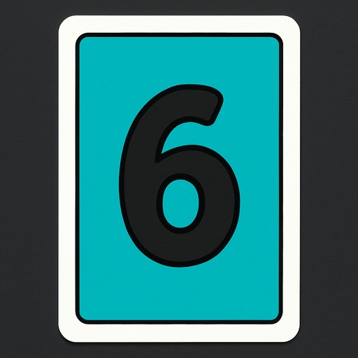 Rectangular card numbered 6, with a white border around it and a turquoise background..
In-Game asset.  2d.  High contrast.  No shadows