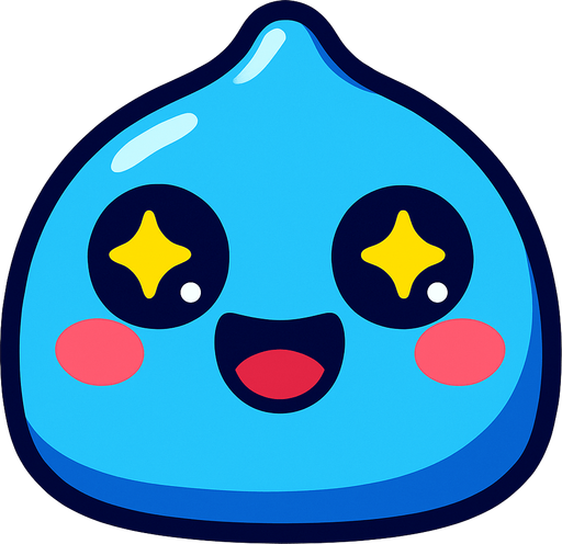 Mavi tatli kucuk slime gozleri parildasin.
In-Game asset.  2d.  High contrast.  No shadows