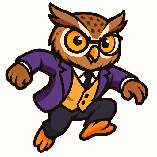 A stylized cartoon owl mascot with a sharp business suit, resembling a professional professor or detective. The owl has large expressive orange eyes, a speckled brown head, and detailed feathers. Its body is in mid-jump pose as if performing a parkour leap, arms slightly bent for momentum, legs tucked upward. The style is clean 2D vector art with high contrast, no shadows, and vibrant colors. Purple blazer, golden vest, black tie remain consistent. Background is blank. Focus on dynamic motion and confident energy, game-ready sprite texture.
