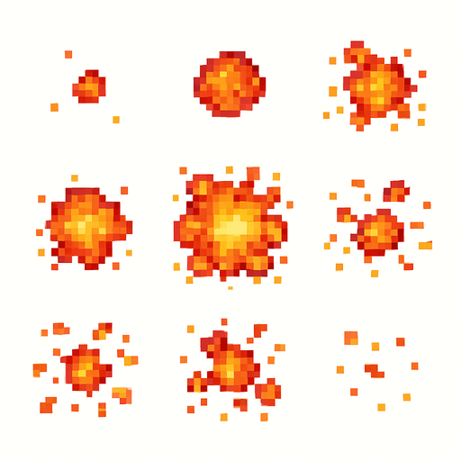 Раскадровка пиксельного взрыва с видом с верху без фона.
In-Game asset.  2d.  High contrast.  No shadows