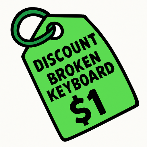 Green price tag that says discount broken keyboard $1
In-Game asset.  2d.  High contrast.  No shadows