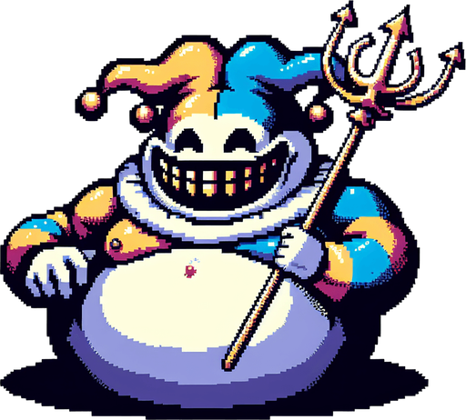 Creepy Jester clown with a fat circular belly, grinning and carying a trident.
Single Game Texture. In-Game asset. 2d. Blank background. High contrast. No shadows. 8 bit