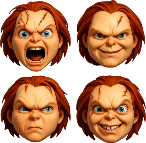 3D Scary and funny face meme chucky. different faces look. face only
In-Game asset.  3D.  High contrast.  No shadows. face only