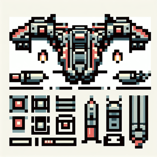 futuristic spaceship old nintendo game sprite.
Single Game Texture.  In-Game asset.  2d.  Blank background.  High contrast.  No shadows