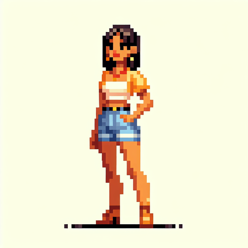 woman in short shorts. mobile game art. pixel art. full body. front facing. Blank background. High contrast. No shadows.
