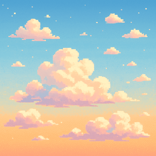Morning sky background, fluffy white clouds, soft blue gradient, sunrise colors, peaceful atmosphere, 2D pixel art.
In-Game asset.  2d.  High contrast.  No shadows