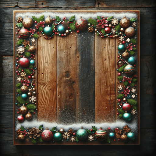 a vertical christmas wooden board with snow, and decorations on its sides Background image. High contrast. No shadows.