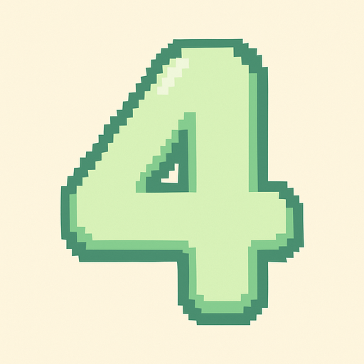 A pixel art number "4" designed for a cozy, cute retro 2D game UI with a bird theme. The number is rendered in soft pastel light green tones to harmonize with the gentle and sweet aesthetic of the game. It has a clean, simple, and rounded pixel style with no harsh edges, fitting perfectly within the pixel art UI style. The number is bold and easily readable at small sizes..
In-Game asset.  2d.  High contrast.  No shadows. pixel art. retro. 2d ui. number. pastel light green. simple. rounded edges. bold. cute. minimal