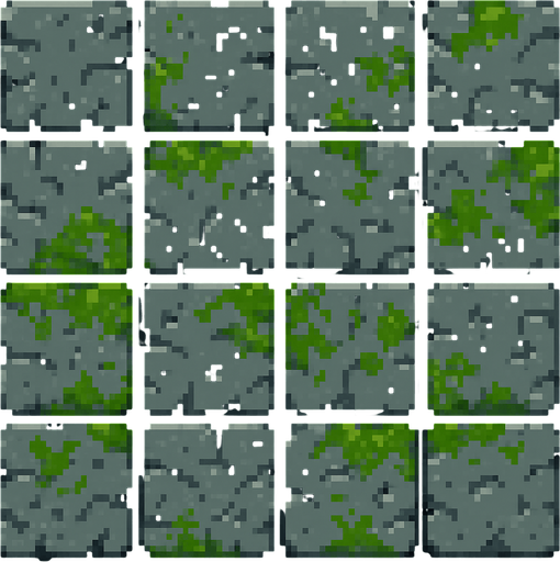 A tile of grey and mossy dungeon stone floor. Pixel art..
In-Game asset.  2d.  High contrast.  No shadows