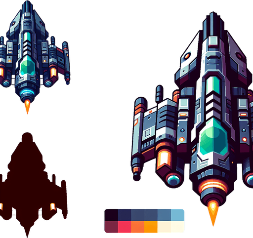 A png space ship shooter facing up.
Single Game Texture. In-Game asset. 2d. Blank background. High contrast. No shadows.