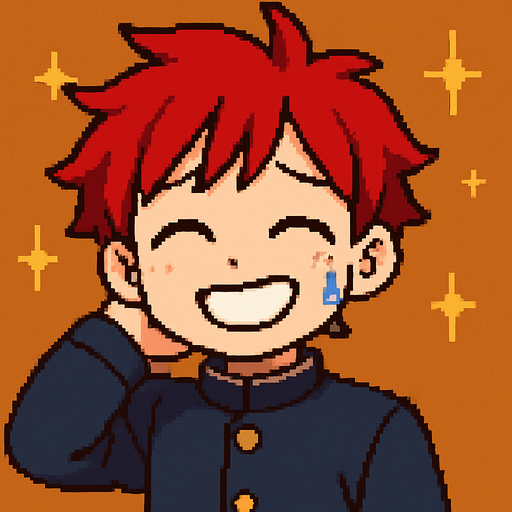 A kawaii anime boy scratches the back of his neck while laughing with his eyes closed, as a bead of sweat runs down his cheek