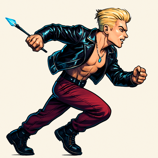 Cyberpunk American manga anime, side profile view running animation frames, shiny black leather biker jacket longsleeves shirtless thin abs pecs necklaces gemstone tipped wand, action shot fierce fashion pose animation blonde undercut pompadour, vampire fangs, wine red joggers, combat boots, Background removed, "Full-body character, entirely in frame, no cropping of face, head, or feet" "Complete character visible, from head to toe, fully centered in the image" "Entire character, including face and boots, fully within the frame" Character fully contained within a square frame, no edges cut off,