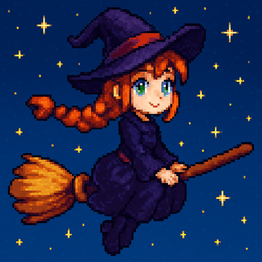 “High-quality 2D pixel art of a witch girl flying on a magic broomstick. She has fair skin, bright green eyes, and long orange braided hair. She is wearing a classic witch hat and outfit. She is sitting sideways on the broom (her body facing the viewer, but her head turned to look forward in the direction of flight). The background is a clear sky or night sky with stars. The art should have a magical, whimsical feeling with detailed shading and vibrant colors.”.
In-Game asset.  2d.  High contrast.  No shadows