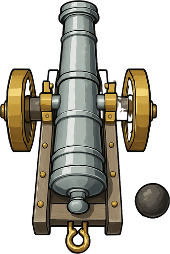 17. century light gray with gold cannon for seaside only naked shooting cannon topdownlook medieval-semirealistic,.
In-Game asset.  2d.  High contrast.  No shadows