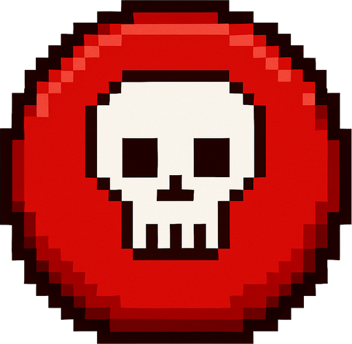 un boton rojo con una calavera de pixeles.
In-Game asset.  2d.  High contrast.  No shadows