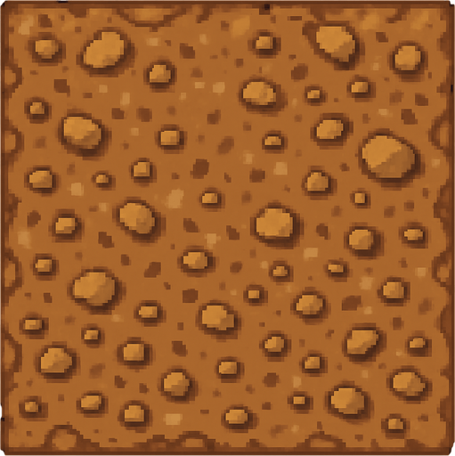 Top-down view of a single cartoon-style dirt and gravel path tile, seen from above, 2D game style, seamless and repeatable texture, hand-drawn or pixel-art style, natural colors, a mix of packed earth and scattered small stones, 32x32 sprite..
In-Game asset.  2d.  High contrast.  No shadows
