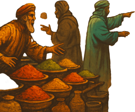 A dusty medieval trade bazaar with exotic goods, traders shouting, spices in the air, colorful fabrics blowing in the wind, realistic.
In-Game asset.  2d.  High contrast.  No shadows