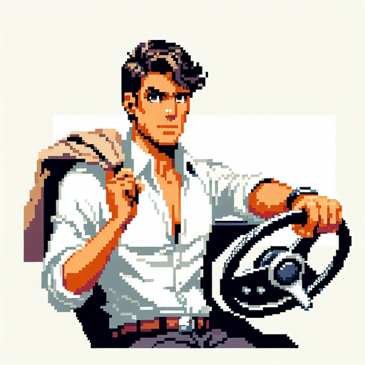 cool looking driver holding a car wheel as if he's driving. 30 years old. vintage retro 1980 style. 3/4 view. pixelated. 8 bit. Single Game Texture. In-Game asset. 2d. Blank background. High contrast. No shadows.
