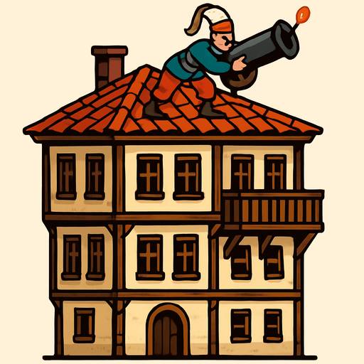 tripleks bir osmanlı evi çiz. Çatısında top mermisi ateşlemek üzere olan bir yeniçeri askeri olsun.
In-Game asset.  2d.  High contrast.  No shadows