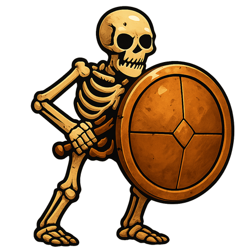 Skeleton holding a big copper shield with both hands.
In-Game asset.  2d.  High contrast.  No shadows