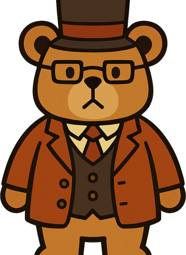 Teddy bear professor Layton game style.
In-Game asset.  2d.  High contrast.  No shadows