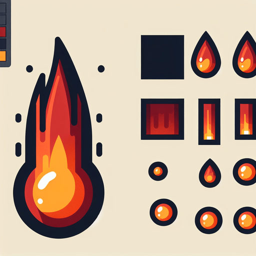 A sprite sheet of energy projectiles. Dark orange projectiles tear shaped with yellow energy core.
Single Game Texture. In-Game asset. 2d. Blank background. High contrast. No shadows.