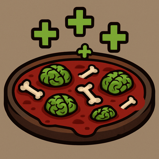 A healing blood pool with circular zombie brain and bone particles. Green + (healing) symbols on top. 2D..
In-Game asset.  2d.  High contrast.  No shadows