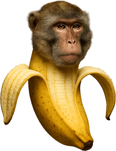 Haz a un macaco con cuerpo de plátano medio abierto, Ultra Realista, sin brazos ni piernas..
In-Game asset.  2d.  High contrast.  No shadows. Ultra Realista