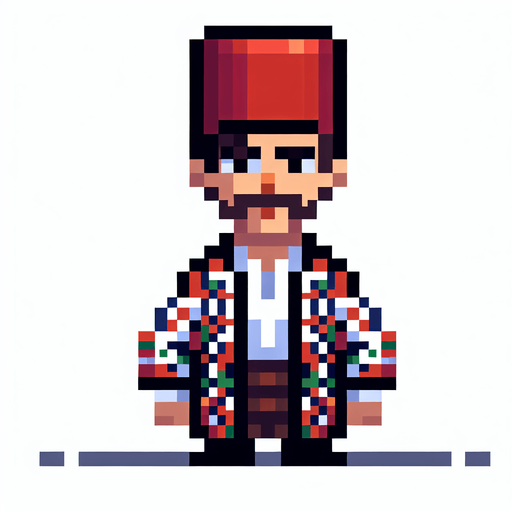 osmanlıda yaşayan fesli normal bir erkeğin pixel versiyonu.
Single Game Texture. In-Game asset. 2d. Blank background. High contrast. No shadows.