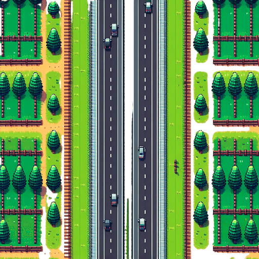 Top-down seamless vertically scrolling background for an endless driving game, central road with 3 lanes, side grass, trees, and fences, pixel art style, 512x1024 resolution".
Single Game Texture.  In-Game asset.  2d.  Blank background.  High contrast.  No shadows