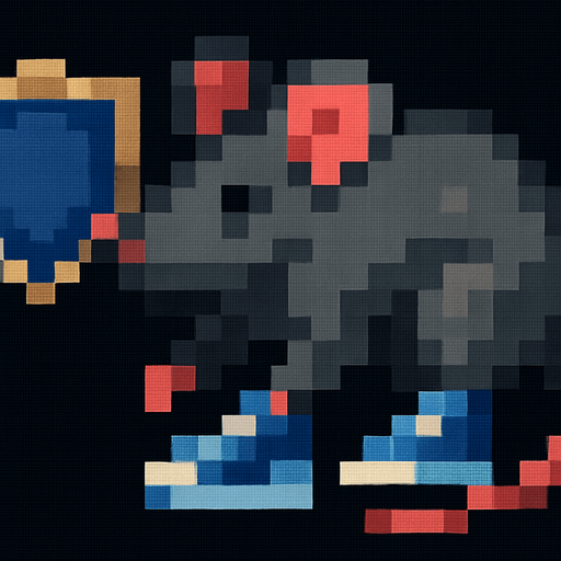 Make it have a floating shield and have blue sneakers and make it all pixelated