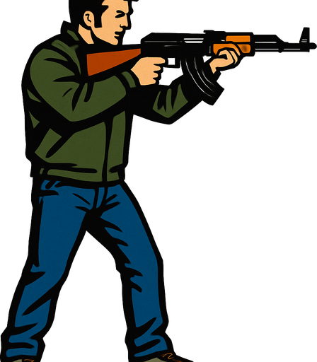 claude speed de gta 3 apuntando con una ak47 desde una perspectiva lateral de cuerpo completo
In-Game asset.  2d.  High contrast.  No shadows