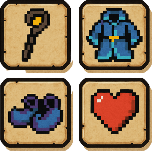 Four square cards with rounded, embossed edges with parchment texture for background. One shows an icon of wizards staff, one shows an icon of a wizards robe, one shows an icon of a pair of wizards slippers and one shows an icon of a heart. Pixelated retro video game art..
In-Game asset.  2d.  High contrast.  No shadows