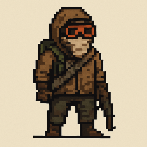 Post apocalyptic man pixel art less pixel.
In-Game asset.  2d.  High contrast.  No shadows. Pixel art