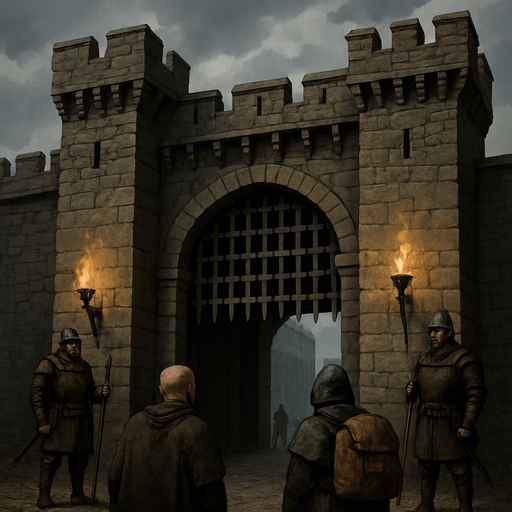 A massive medieval stone gate with iron portcullis, guards watching travelers, torches burning in brackets, heavy clouds above, realistic.
In-Game asset.  2d.  High contrast.  No shadows