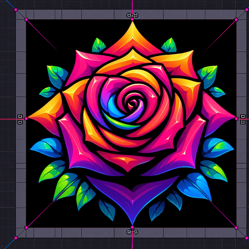 Add a glowing square shaped blooming delicious multicolour vibrant rose.
Single Game Texture. In-Game asset. 2d. Blank background. High contrast. No shadows.