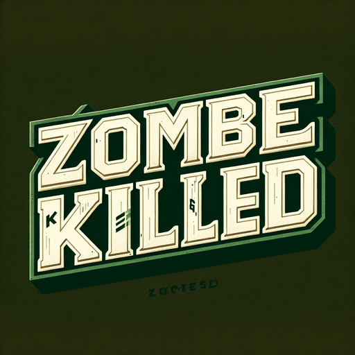 A bold, uppercase text displaying 'Zombie Killed' in a vintage sports-style font. The letters are thick, blocky, and have a three-dimensional effect with a dark outline. The text is off-white with a slightly aged and worn texture. The background is deep green, providing a strong contrast. The text is displayed horizontally, maintaining a structured and professional look. The font has sharp, angular edges, resembling varsity or athletic lettering commonly seen on sports jerseys or scoreboards..
Single Game Texture.  In-Game asset.  2d.  Blank background.  High contrast.  No shadows