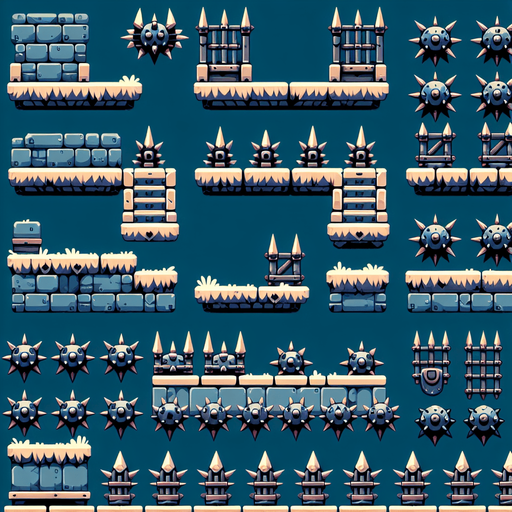 A spritesheet in sideperspectie showing various platform for a platformer game, some of them with medieval spilketraps or sets of spiked pallisades..
Single Game Texture. In-Game asset. 2d. Blank background. High contrast. No shadows.
